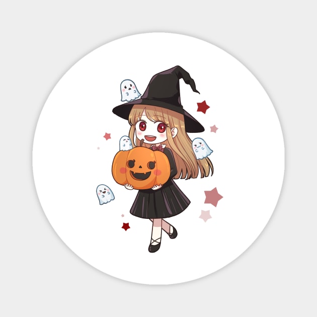 Cute Halloween Anime Witch, Ghost & Pumpkin Magnet by Hiro Fiction